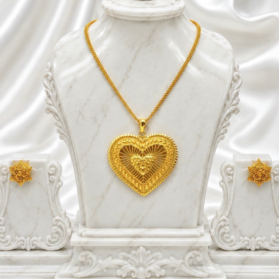 Heart Shape Statement Pendant Necklace Set | Micro Gold Plated Handcrafted Jewellery with Earrings