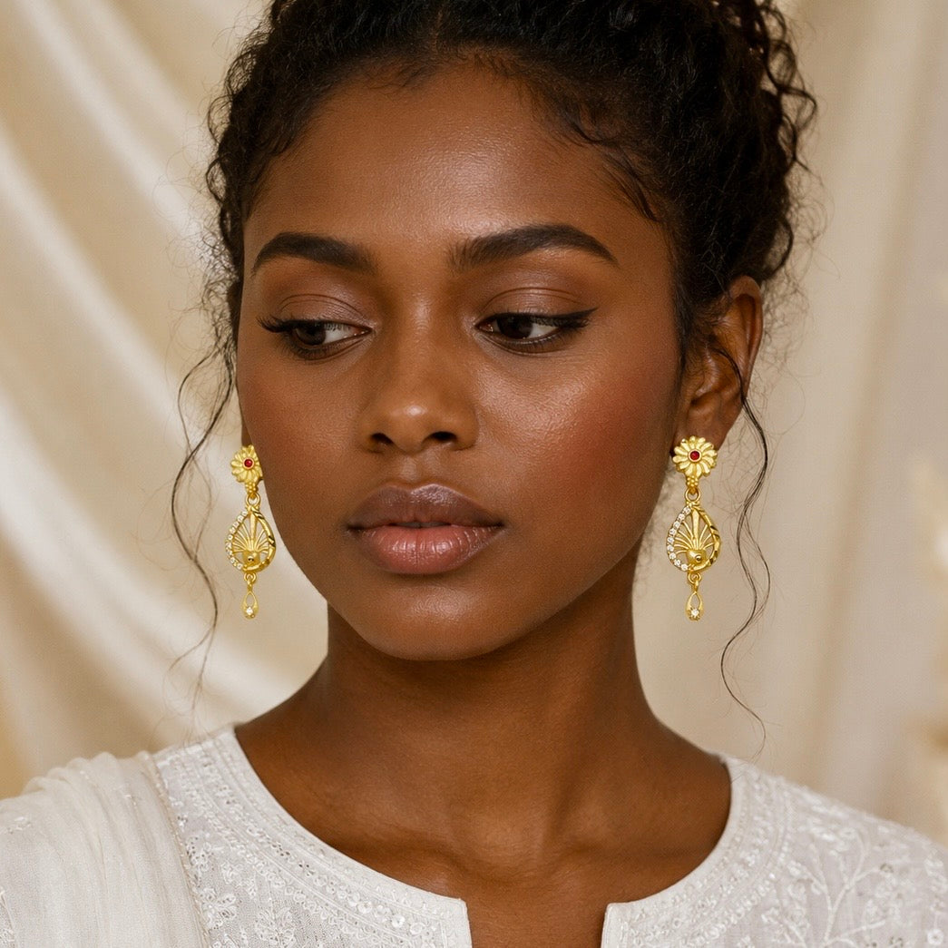 Floral Ruby & AD Teardrop Gold Earrings – Micro plated Daily Wear Designer Pair