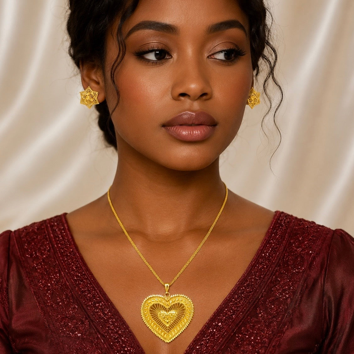 Heart Shape Statement Pendant Necklace Set | Micro Gold Plated Handcrafted Jewellery with Earrings
