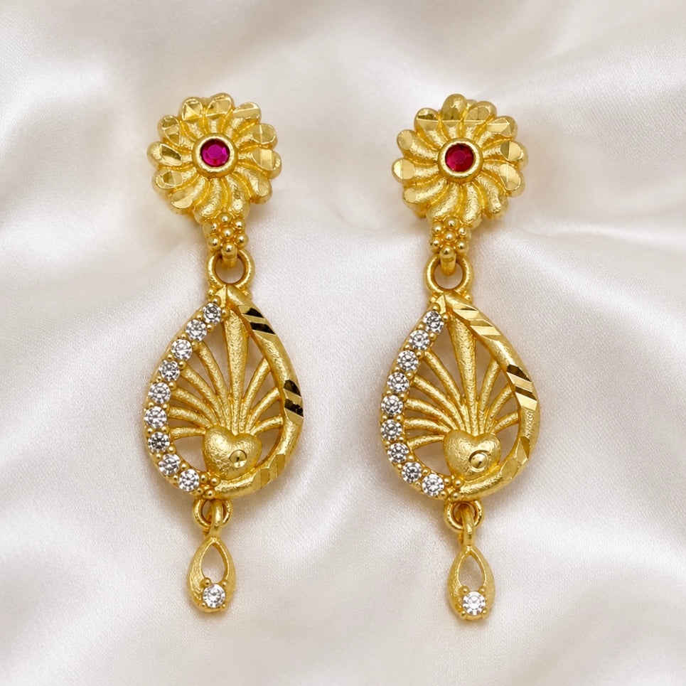Floral Ruby & AD Teardrop Gold Earrings – Micro plated Daily Wear Designer Pair