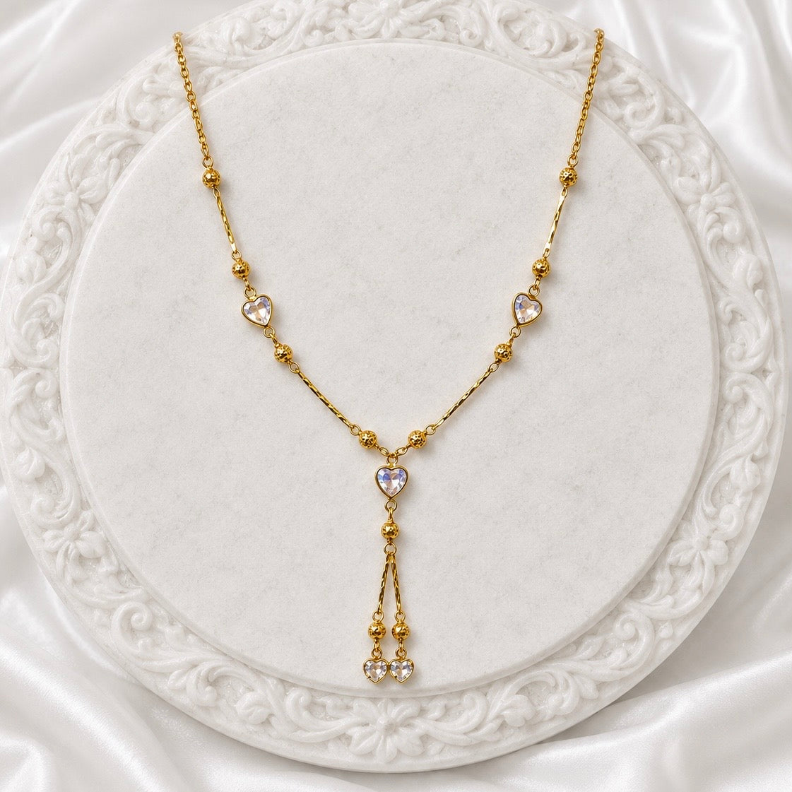 18K Gold Plated Crystal Heart Necklace | Anti Tarnish Beaded Tassel Chain Necklace