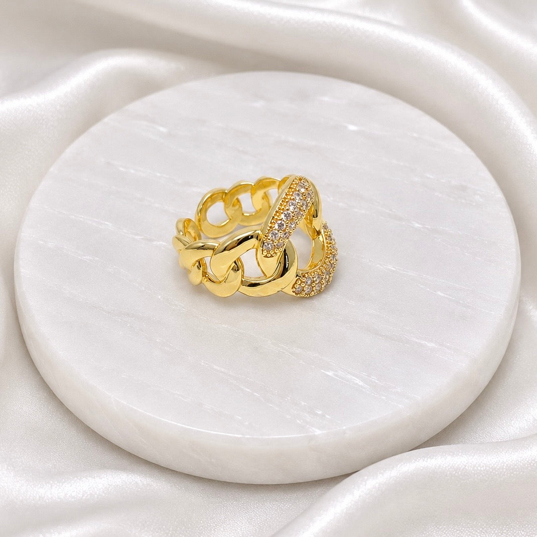18K Gold Plated Chunky Chain Ring with Premium AD Stones | Anti Tarnish Statement Ring