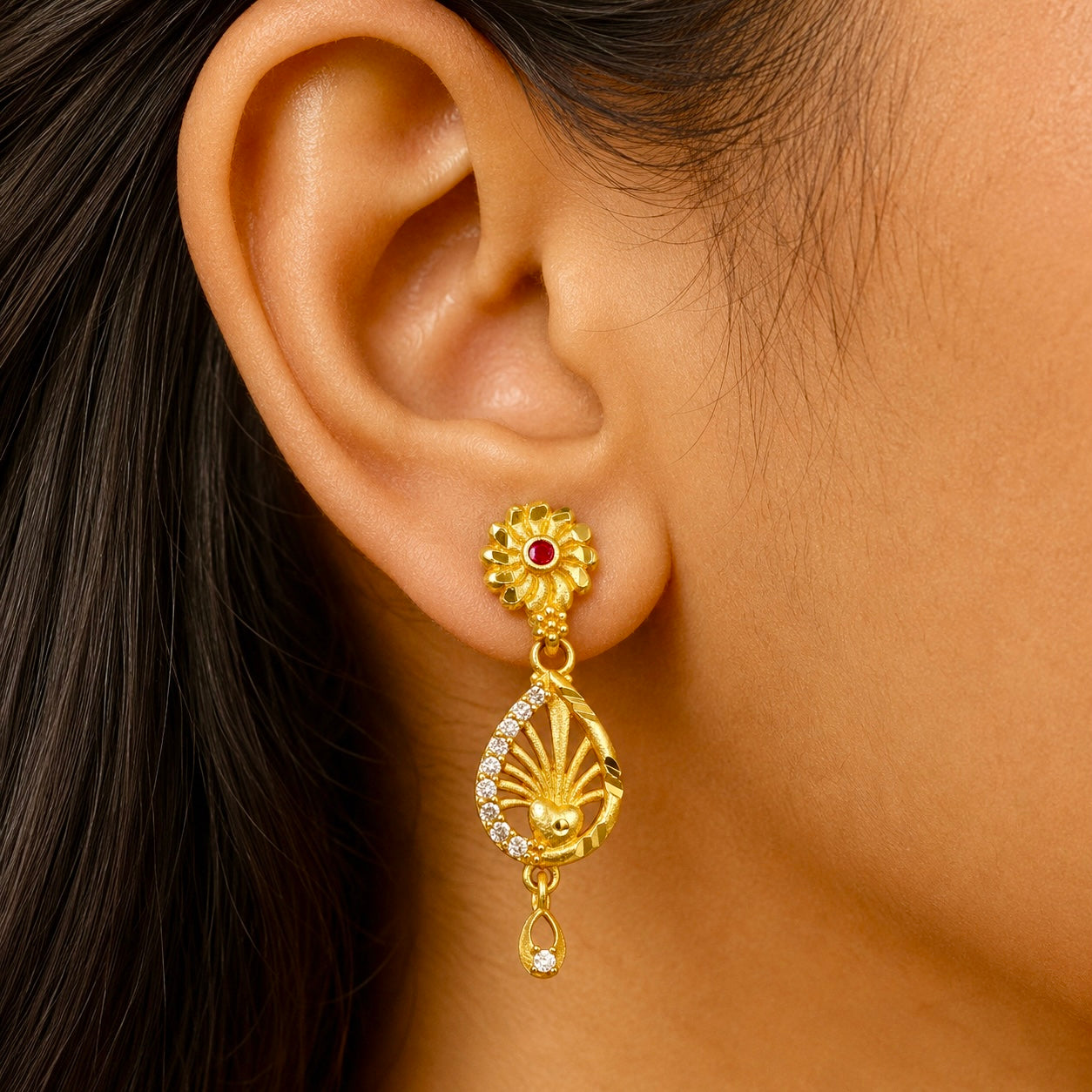 Floral Ruby & AD Teardrop Gold Earrings – Micro plated Daily Wear Designer Pair