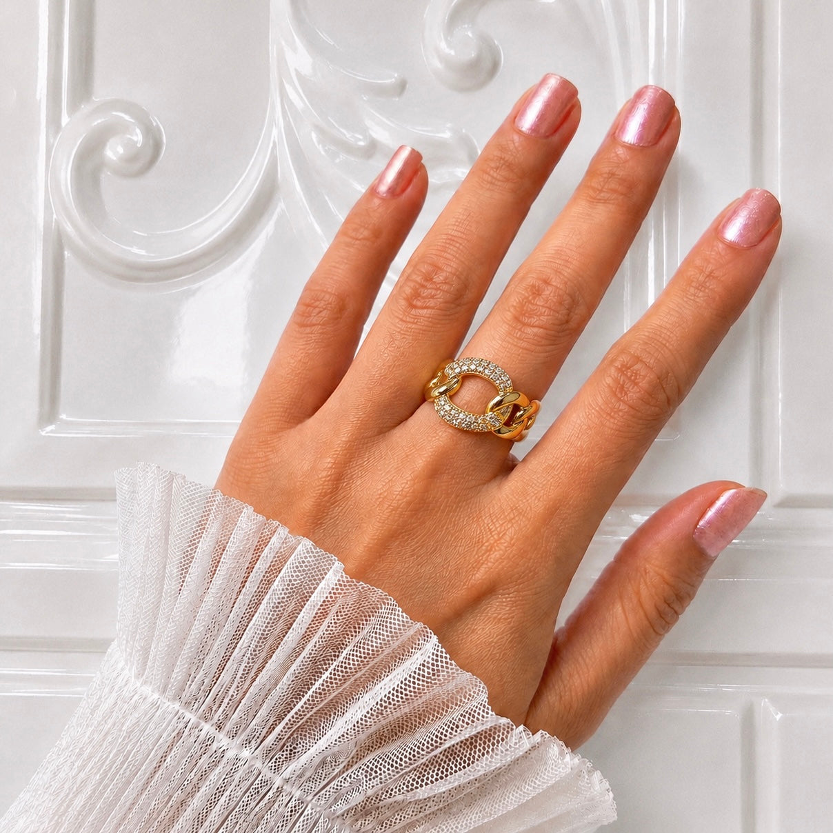 18K Gold Plated Chunky Chain Ring with Premium AD Stones | Anti Tarnish Statement Ring