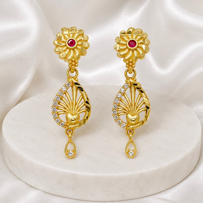 Floral Ruby & AD Teardrop Gold Earrings – Micro plated Daily Wear Designer Pair