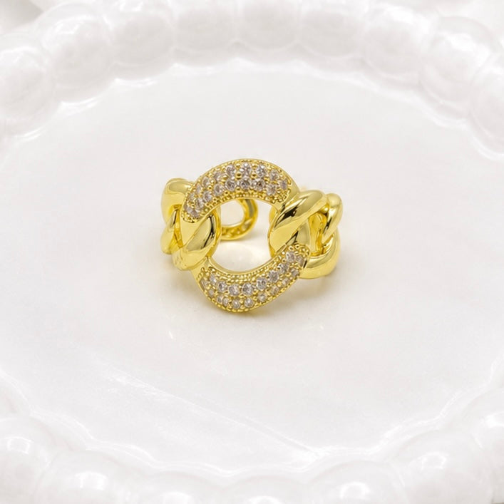 18K Gold Plated Chunky Chain Ring with Premium AD Stones | Anti Tarnish Statement Ring
