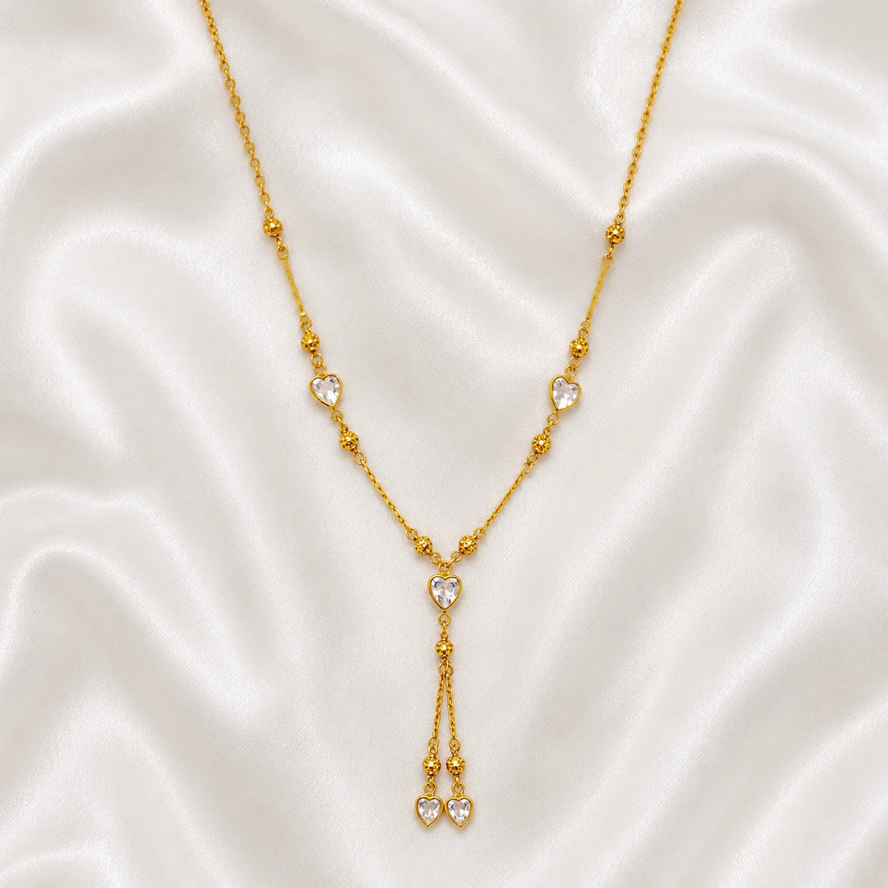 18K Gold Plated Crystal Heart Necklace | Anti Tarnish Beaded Tassel Chain Necklace