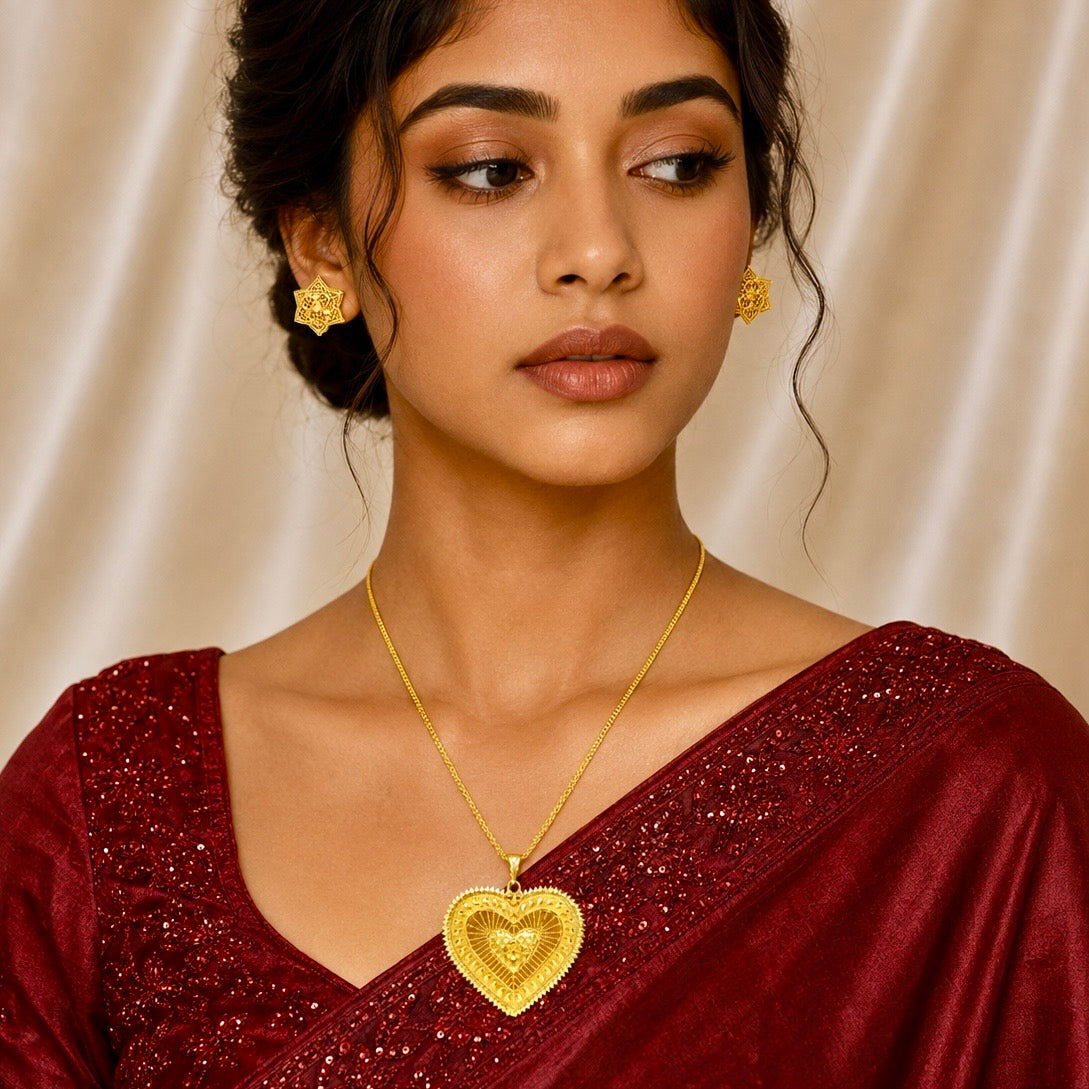 Heart Shape Statement Pendant Necklace Set | Micro Gold Plated Handcrafted Jewellery with Earrings