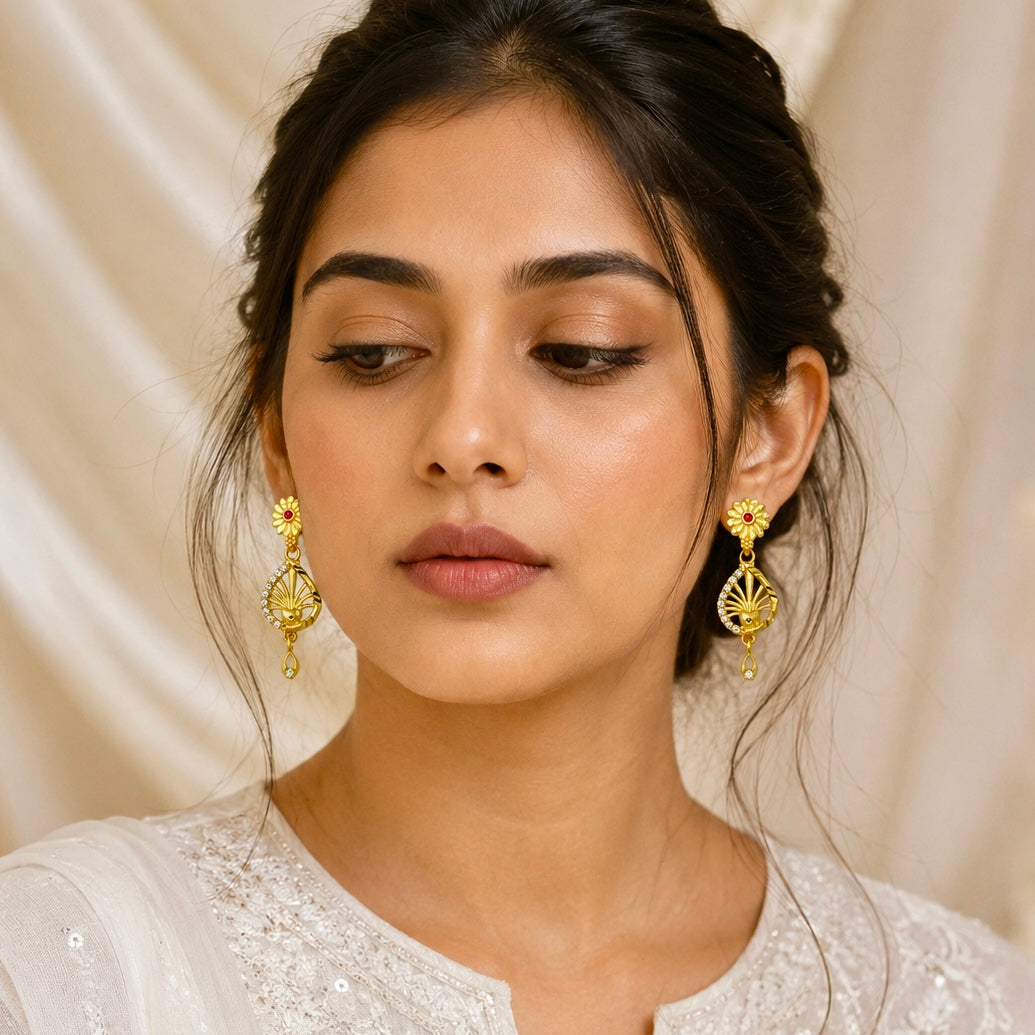 Floral Ruby & AD Teardrop Gold Earrings – Micro plated Daily Wear Designer Pair
