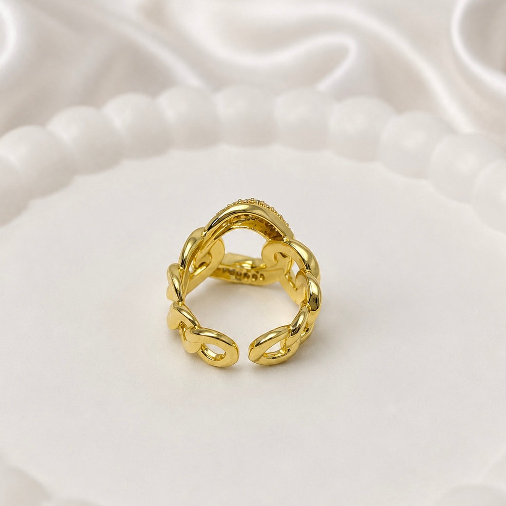 18K Gold Plated Chunky Chain Ring with Premium AD Stones | Anti Tarnish Statement Ring