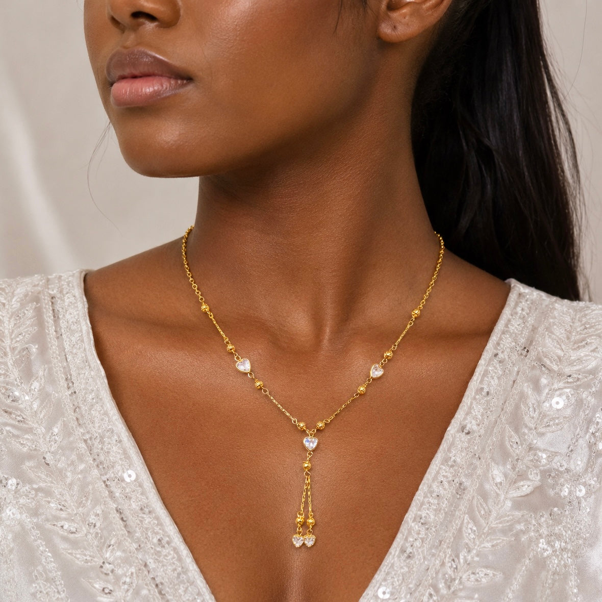 18K Gold Plated Crystal Heart Necklace | Anti Tarnish Beaded Tassel Chain Necklace