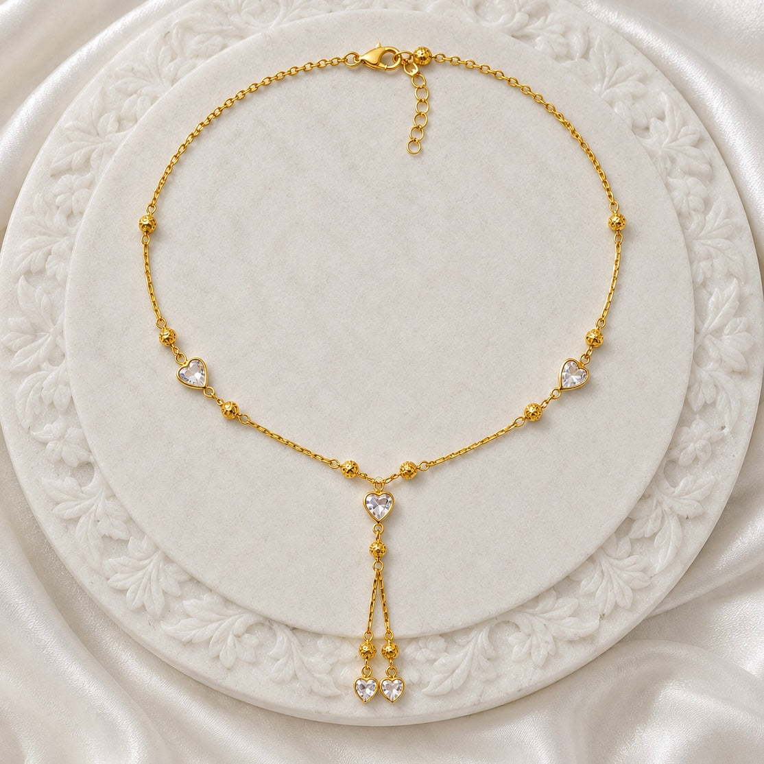 18K Gold Plated Crystal Heart Necklace | Anti Tarnish Beaded Tassel Chain Necklace