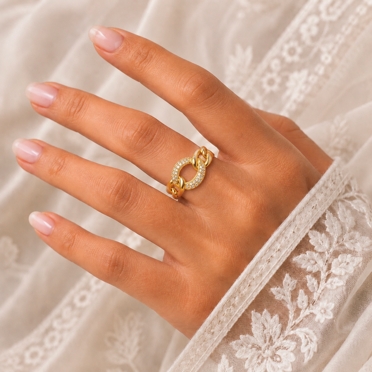18K Gold Plated Chunky Chain Ring with Premium AD Stones | Anti Tarnish Statement Ring