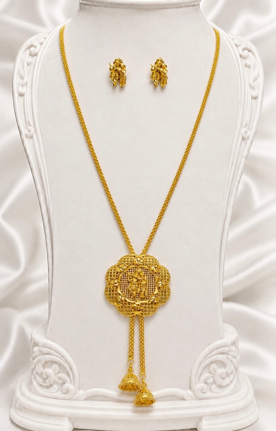 Radha Krishna Temple Tie Chain Necklace Set | Micro Gold Plated Divine Traditional Jewellery