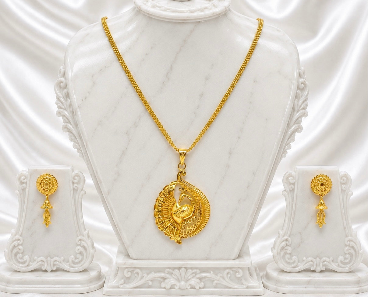 Peacock Spiral Motif Pendant Necklace Set | Micro Gold Plated Handcrafted Jewellery with Earrings