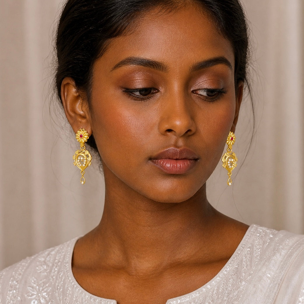 Gold Plated AD & Ruby Floral Drop Earrings for Women | American Diamond Temple Style | 1 Year Guarantee