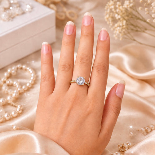 18K Gold Plated Solitaire AD Stone Ring | Anti Tarnish Adjustable Statement Ring