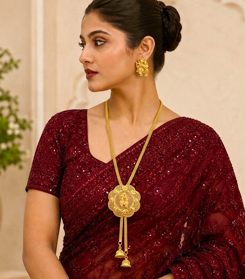 Radha Krishna Temple Tie Chain Necklace Set | Micro Gold Plated Divine Traditional Jewellery