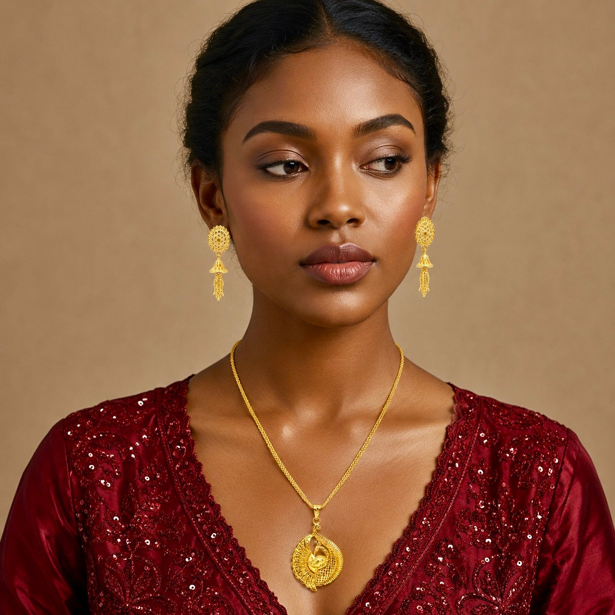 Peacock Spiral Motif Pendant Necklace Set | Micro Gold Plated Handcrafted Jewellery with Earrings