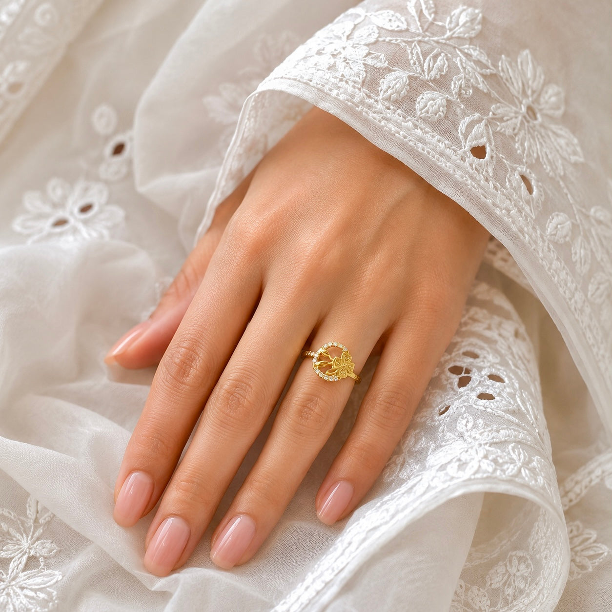 Elegant Micro Gold-Plated Floral AD Ring | Handmade Crystal Cut Daily Wear Ring