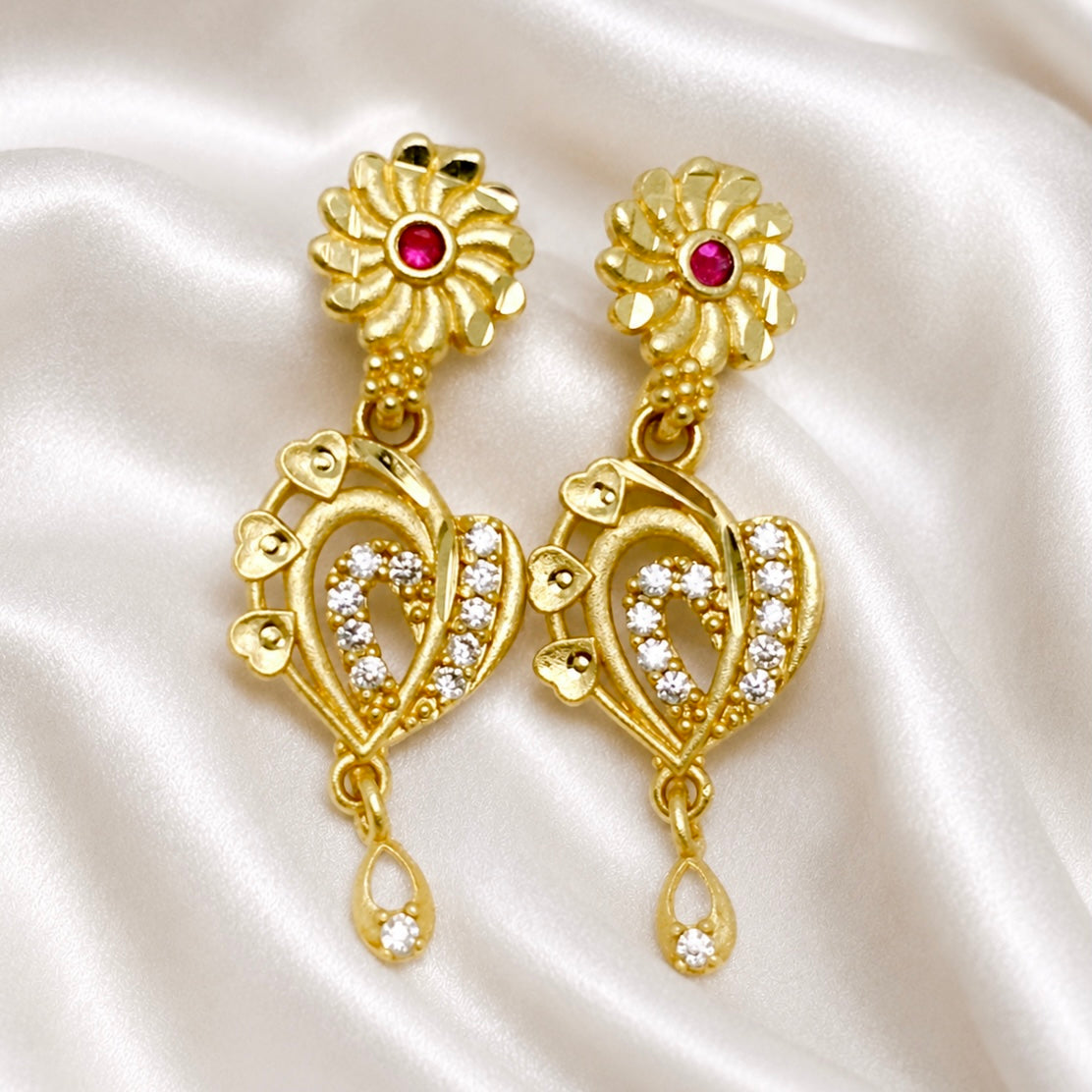 Gold Plated AD & Ruby Floral Drop Earrings for Women | American Diamond Temple Style | 1 Year Guarantee