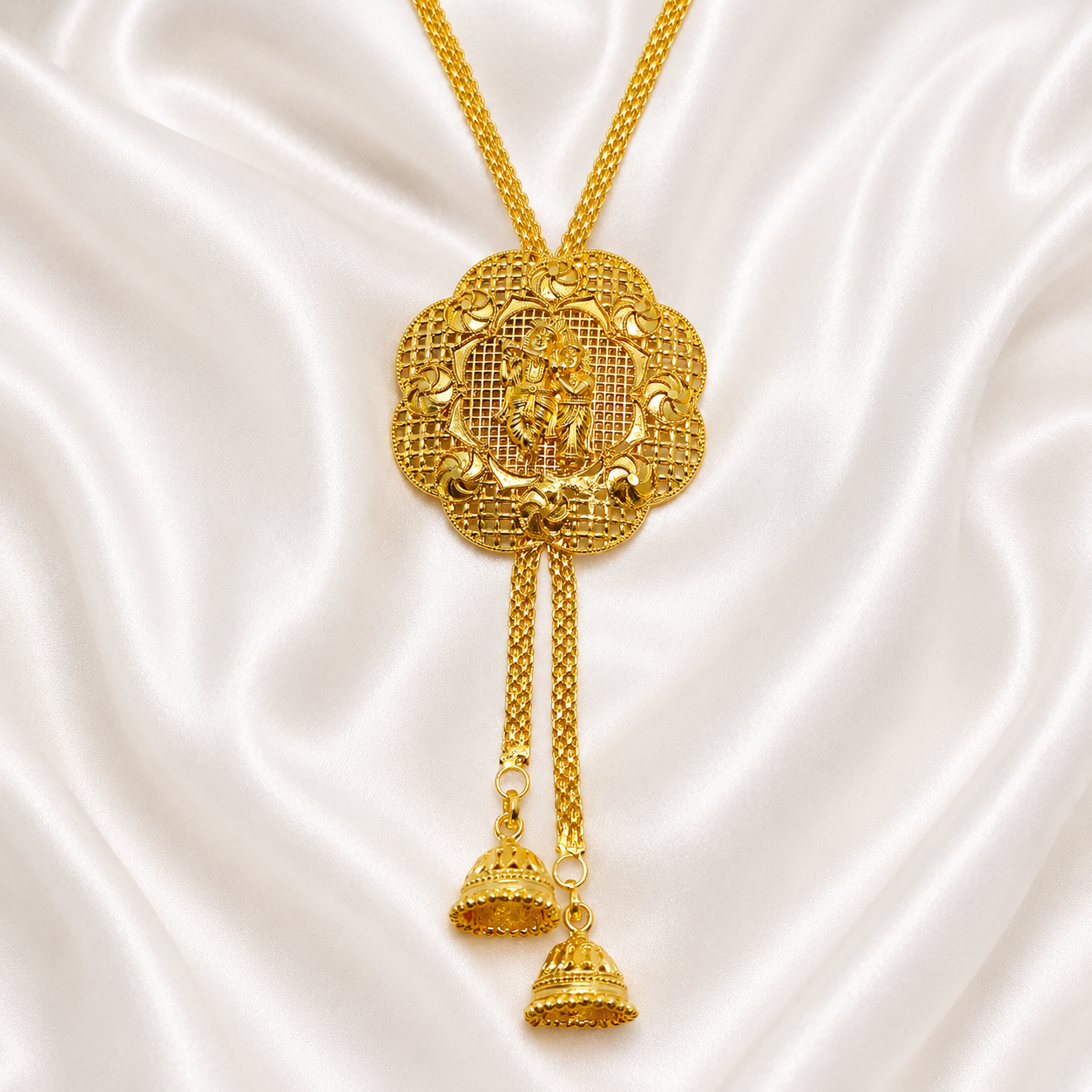 Radha Krishna Temple Tie Chain Necklace Set | Micro Gold Plated Divine Traditional Jewellery
