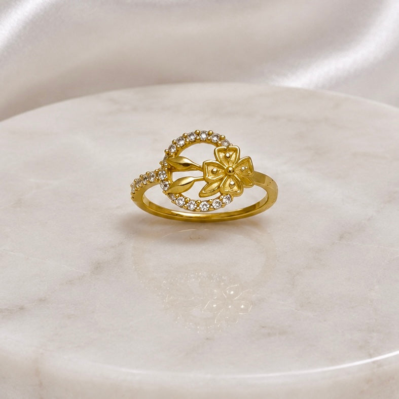 Elegant Micro Gold-Plated Floral AD Ring | Handmade Crystal Cut Daily Wear Ring