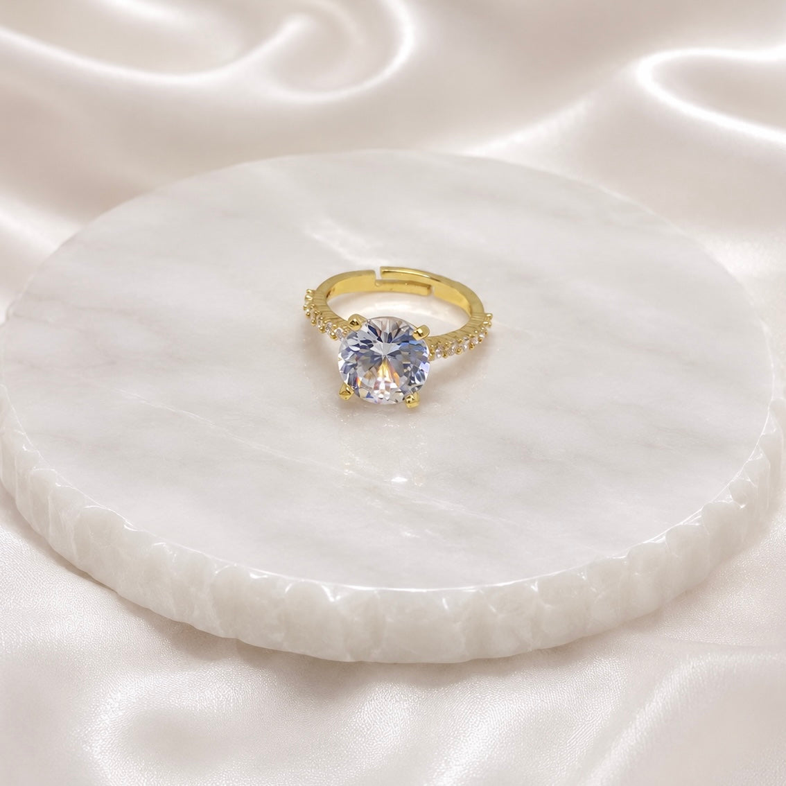 18K Gold Plated Solitaire AD Stone Ring | Anti Tarnish Adjustable Statement Ring