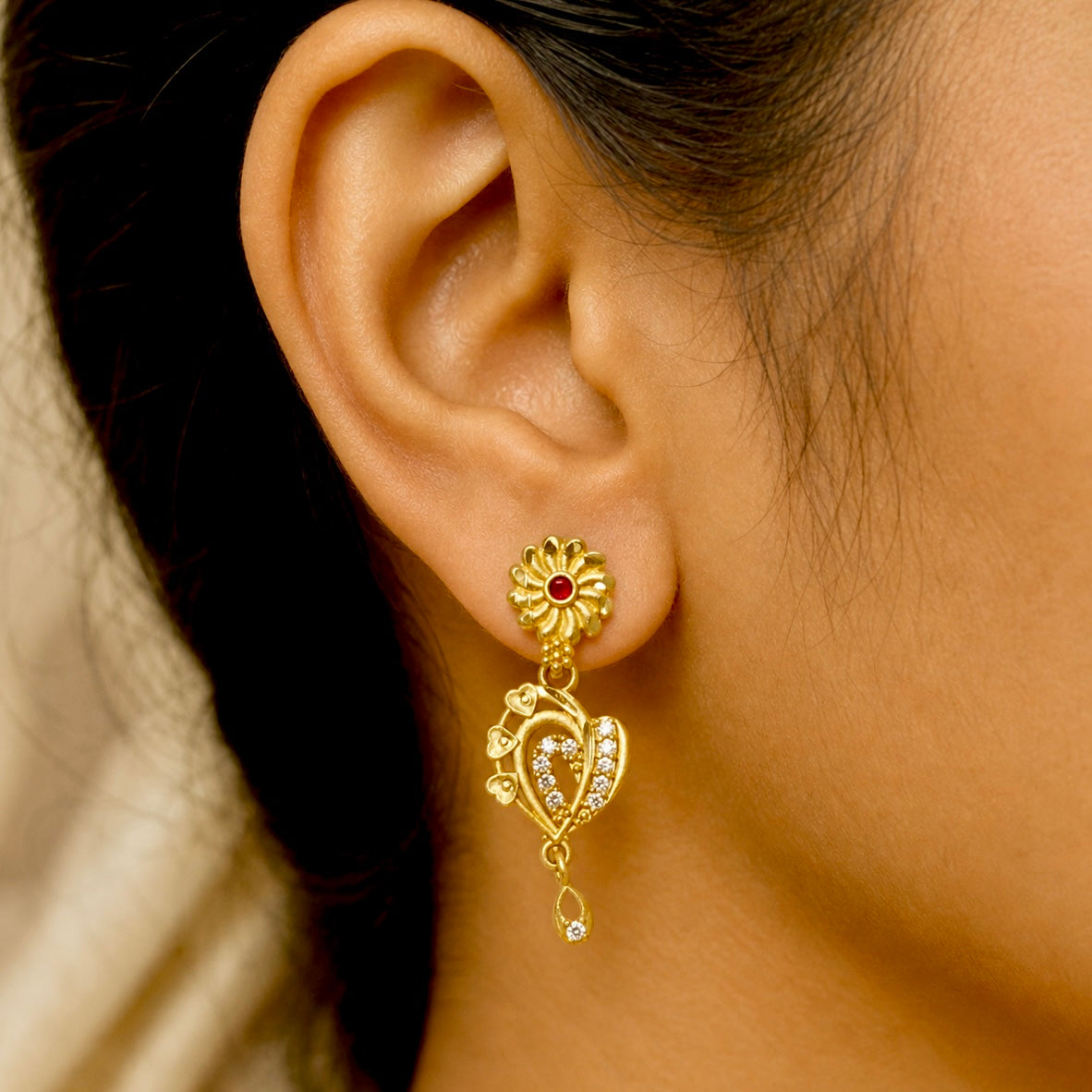 Gold Plated AD & Ruby Floral Drop Earrings for Women | American Diamond Temple Style | 1 Year Guarantee
