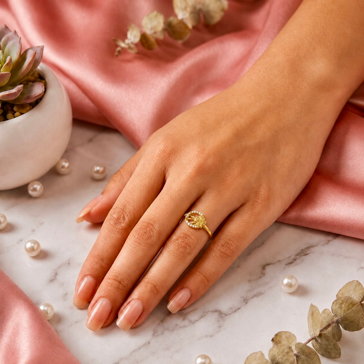 Elegant Micro Gold-Plated Floral AD Ring | Handmade Crystal Cut Daily Wear Ring