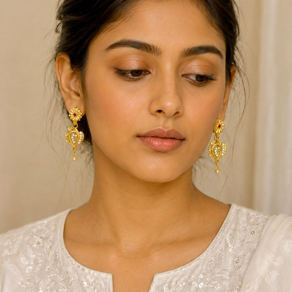 Gold Plated AD & Ruby Floral Drop Earrings for Women | American Diamond Temple Style | 1 Year Guarantee