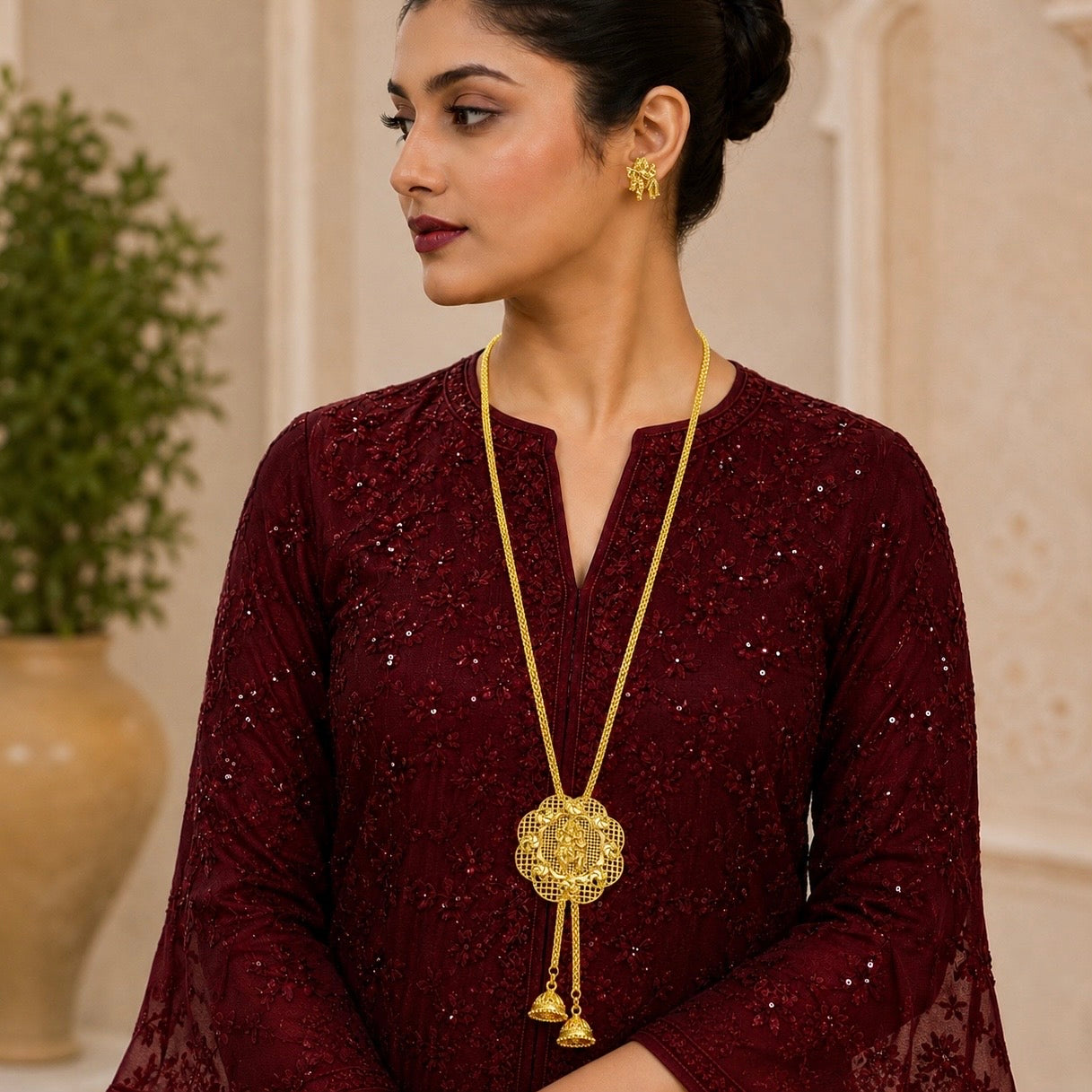 Radha Krishna Temple Tie Chain Necklace Set | Micro Gold Plated Divine Traditional Jewellery