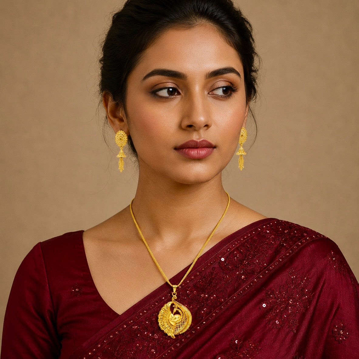 Peacock Spiral Motif Pendant Necklace Set | Micro Gold Plated Handcrafted Jewellery with Earrings