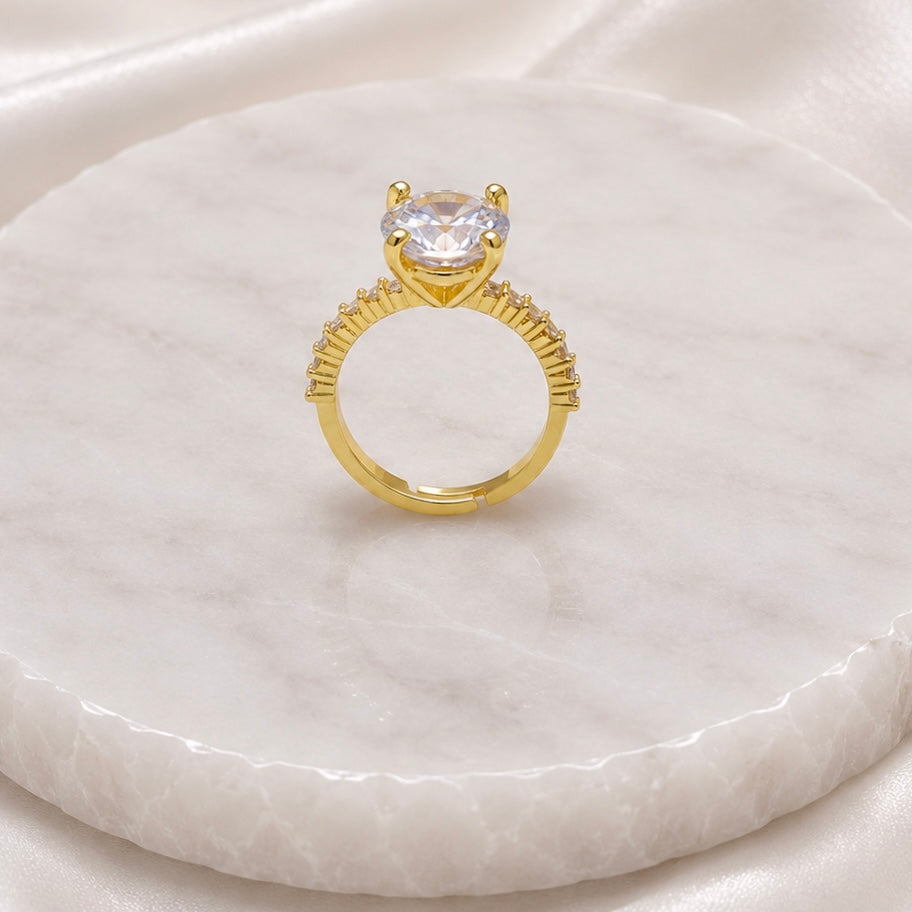 18K Gold Plated Solitaire AD Stone Ring | Anti Tarnish Adjustable Statement Ring
