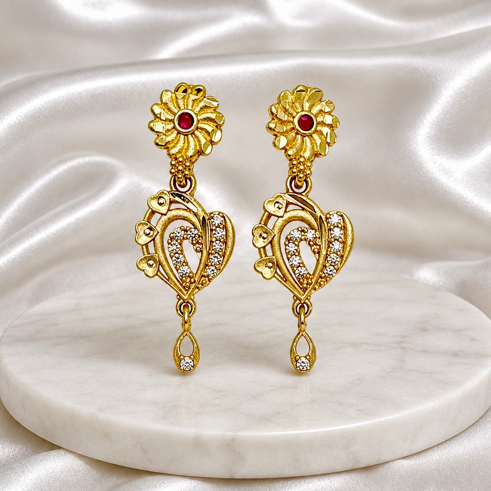 Gold Plated AD & Ruby Floral Drop Earrings for Women | American Diamond Temple Style | 1 Year Guarantee