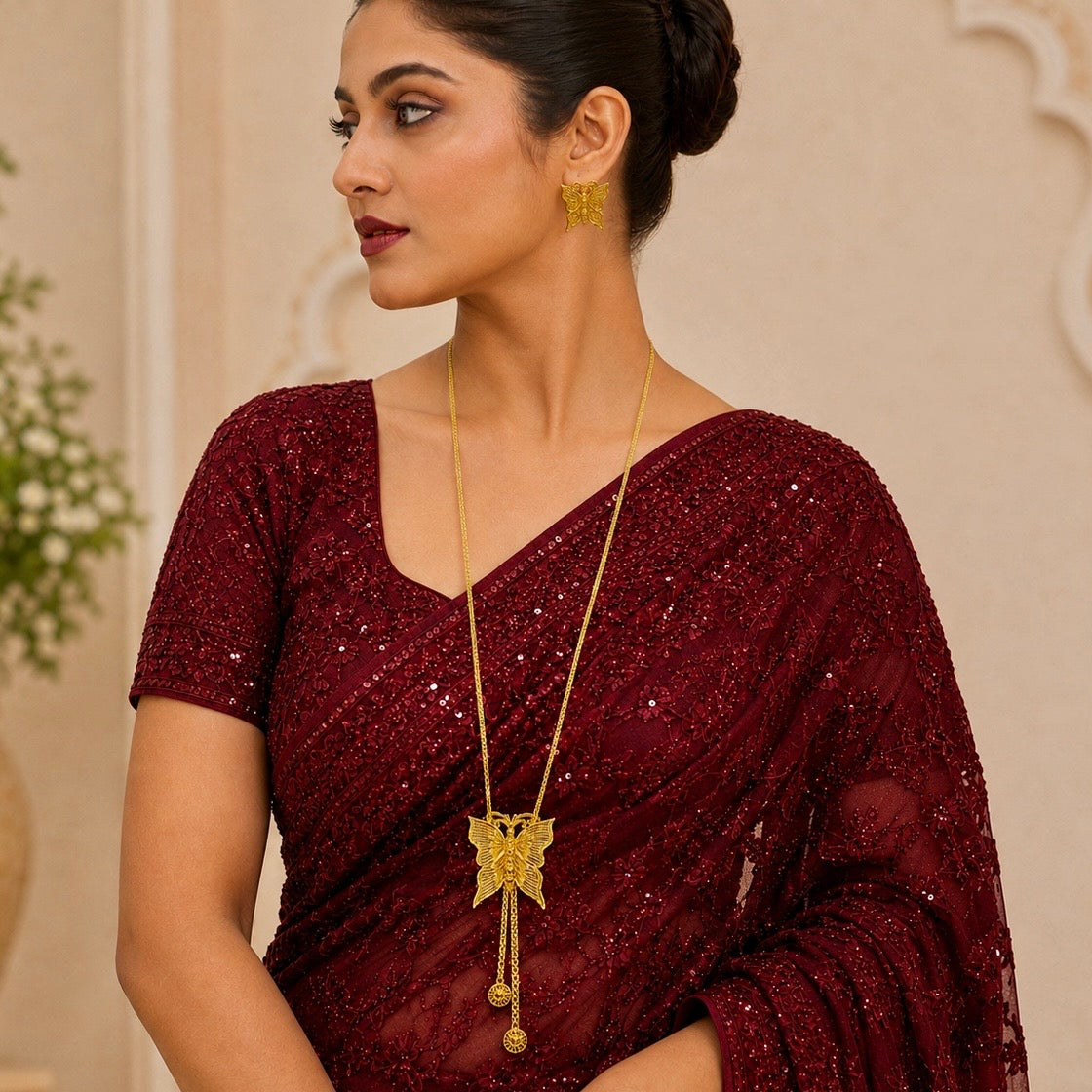 Luxury Butterfly Temple Long Tie Chain Necklace Set | Premium Micro Gold Plated Handcrafted Jewellery