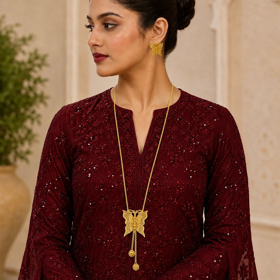 Luxury Butterfly Temple Long Tie Chain Necklace Set | Premium Micro Gold Plated Handcrafted Jewellery