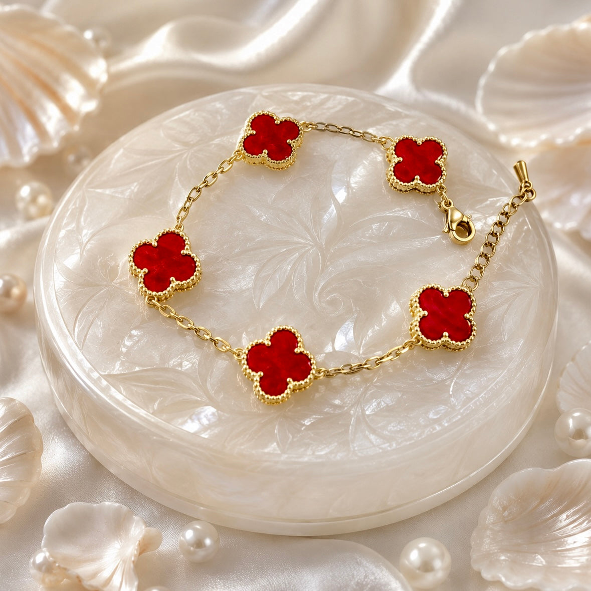 18K Gold Plated Red Enamel Clover Chain Bracelet | Anti Tarnish Statement Bracelet
