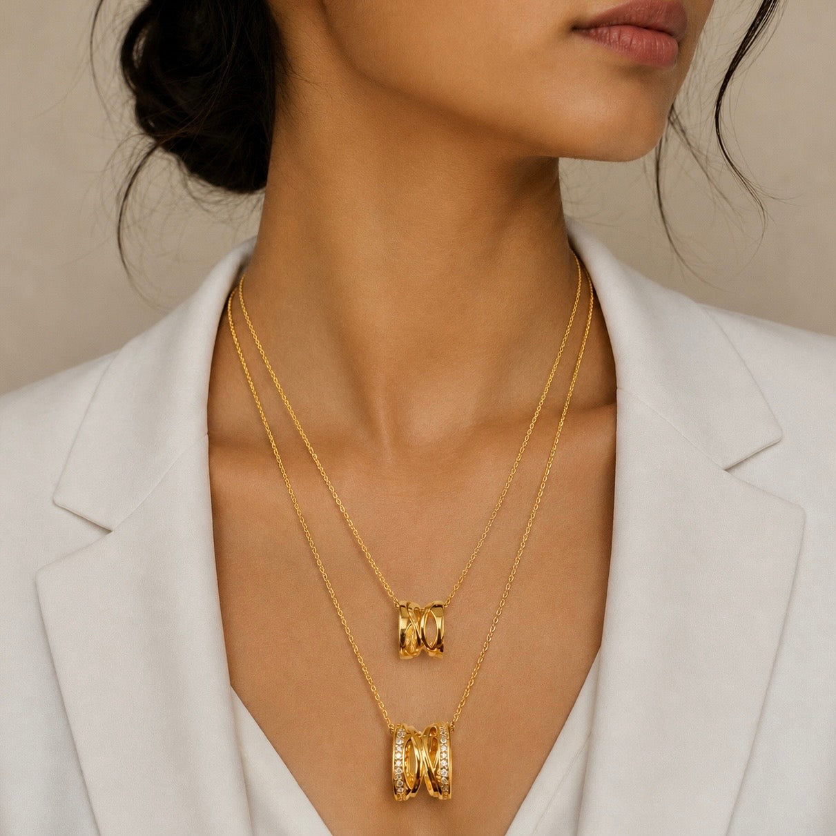 Dual Layer Ring Pendant Necklace | 18K Gold Plated Anti Tarnish AD Diamond Chain