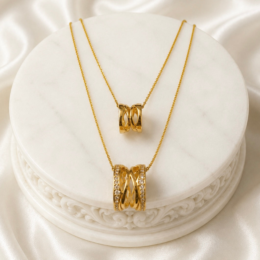 Dual Layer Ring Pendant Necklace | 18K Gold Plated Anti Tarnish AD Diamond Chain