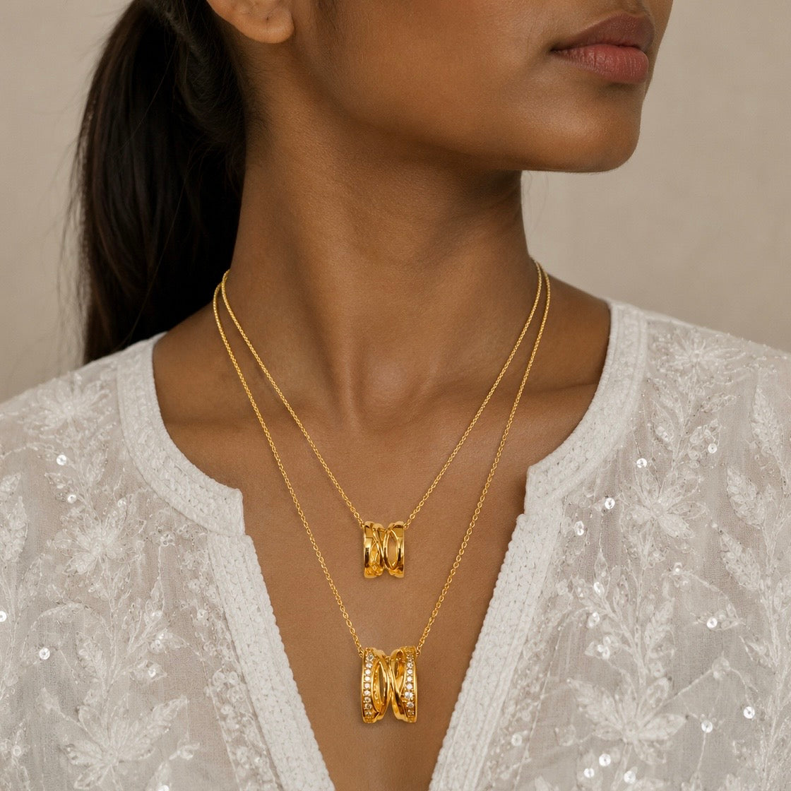 Dual Layer Ring Pendant Necklace | 18K Gold Plated Anti Tarnish AD Diamond Chain