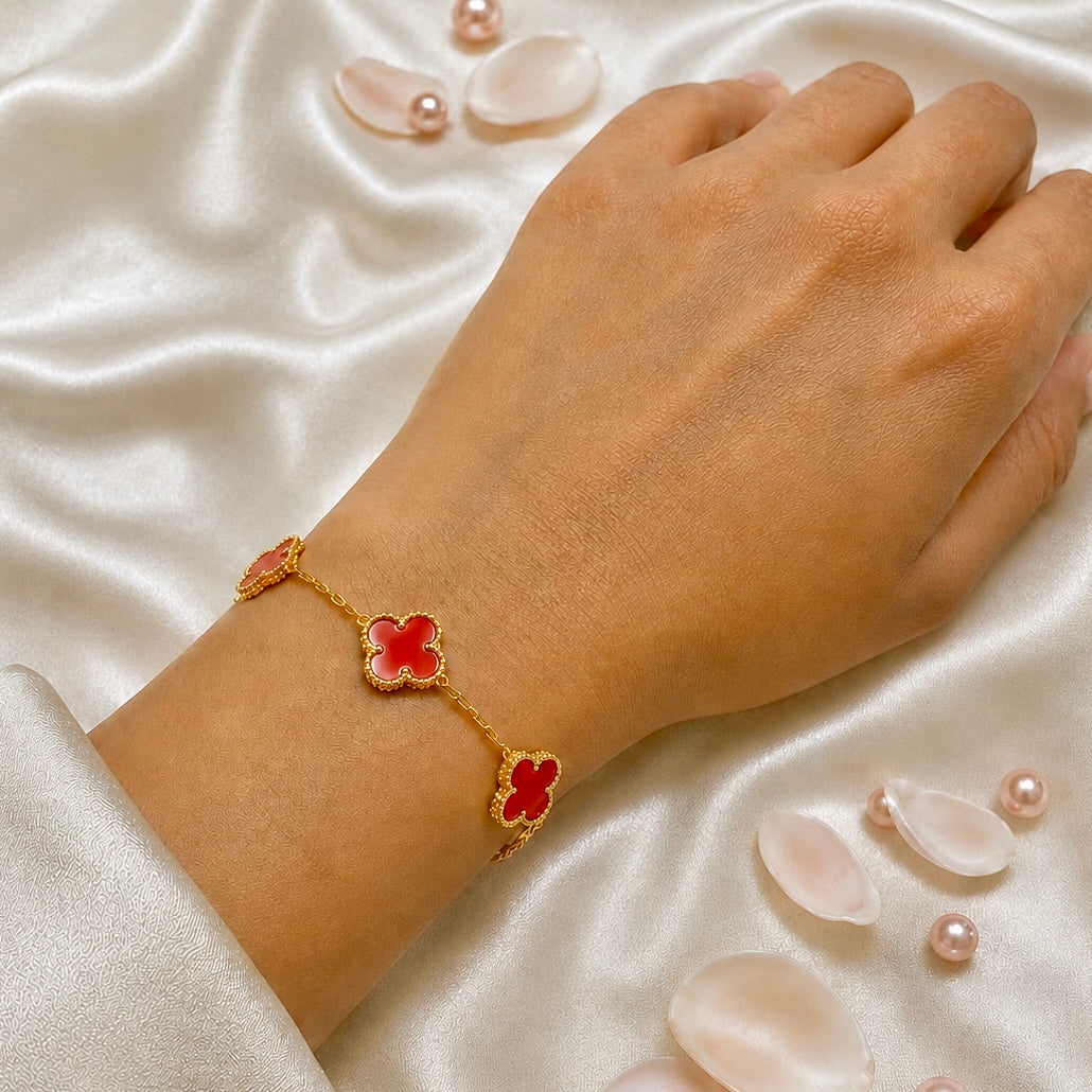 18K Gold Plated Red Enamel Clover Chain Bracelet | Anti Tarnish Statement Bracelet