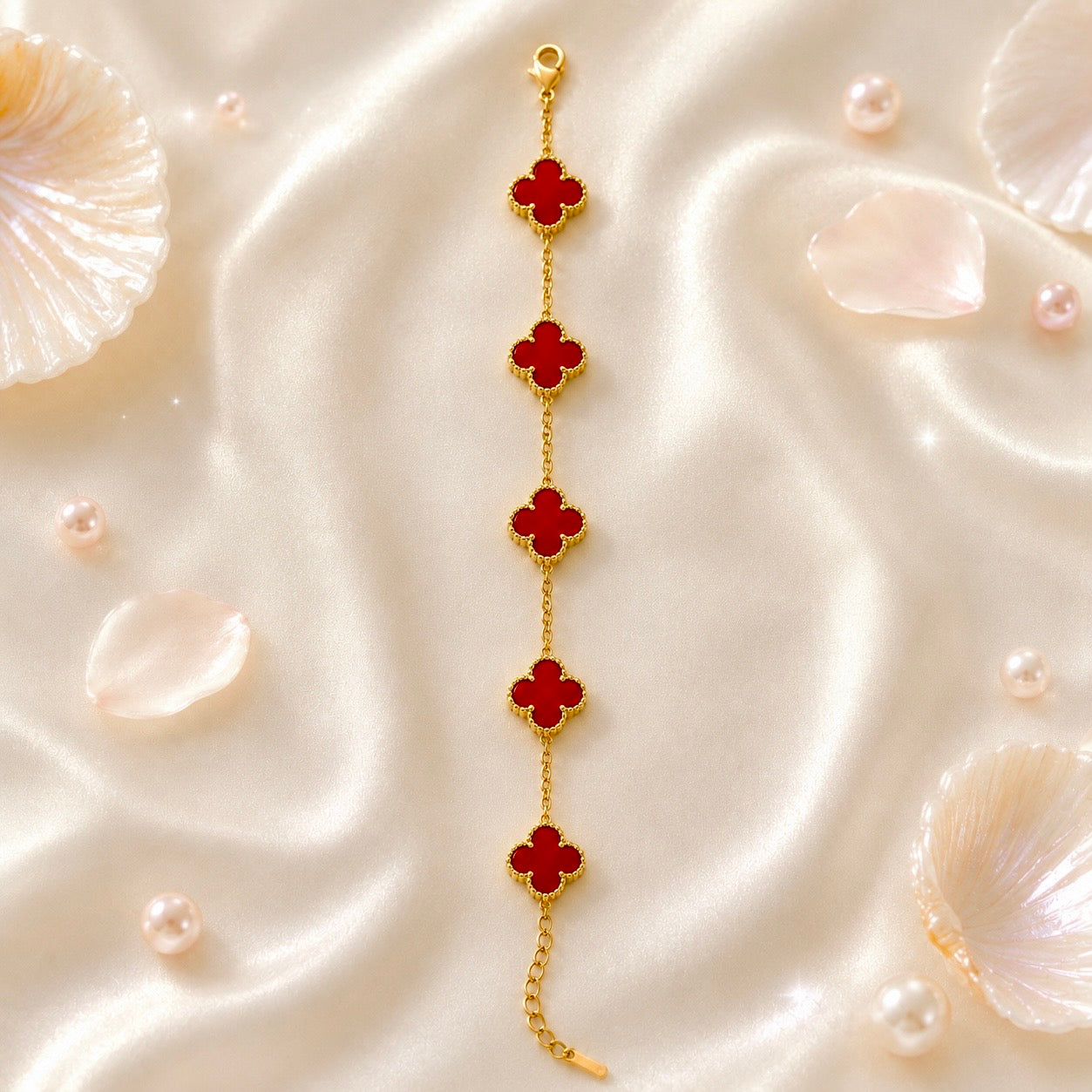 18K Gold Plated Red Enamel Clover Chain Bracelet | Anti Tarnish Statement Bracelet