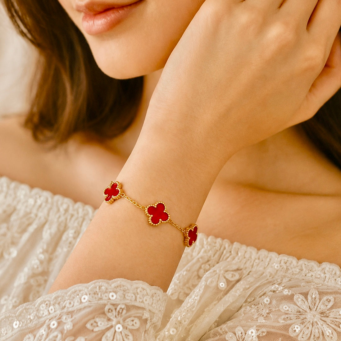 18K Gold Plated Red Enamel Clover Chain Bracelet | Anti Tarnish Statement Bracelet