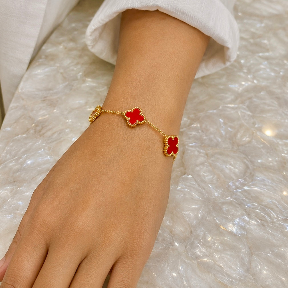 18K Gold Plated Red Enamel Clover Chain Bracelet | Anti Tarnish Statement Bracelet