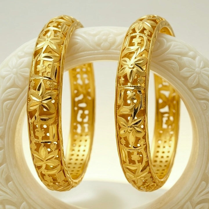 Handcrafted Dubai Gold Finish Floral Cutwork Bangles (Micro-Plated, Lightweight)