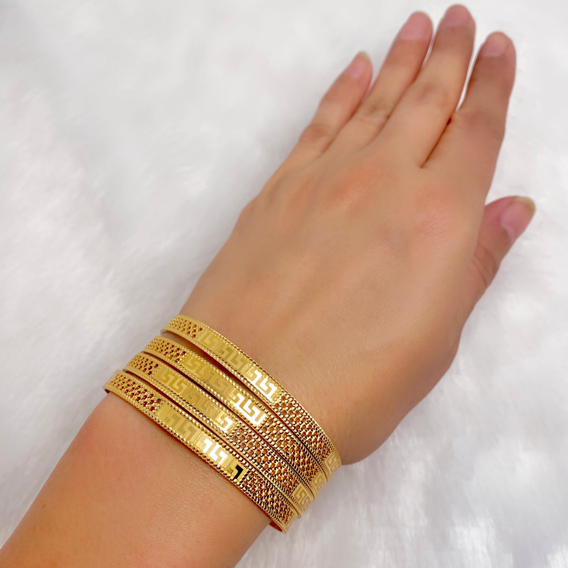 Premium Turkish Gold Mesh Bangles with Greek Pattern – Micro-Plated Luxury Finish