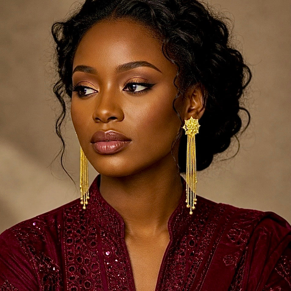 Floral Starburst Long Chain Tassel Earrings – Handmade Gold-Plated Pair
