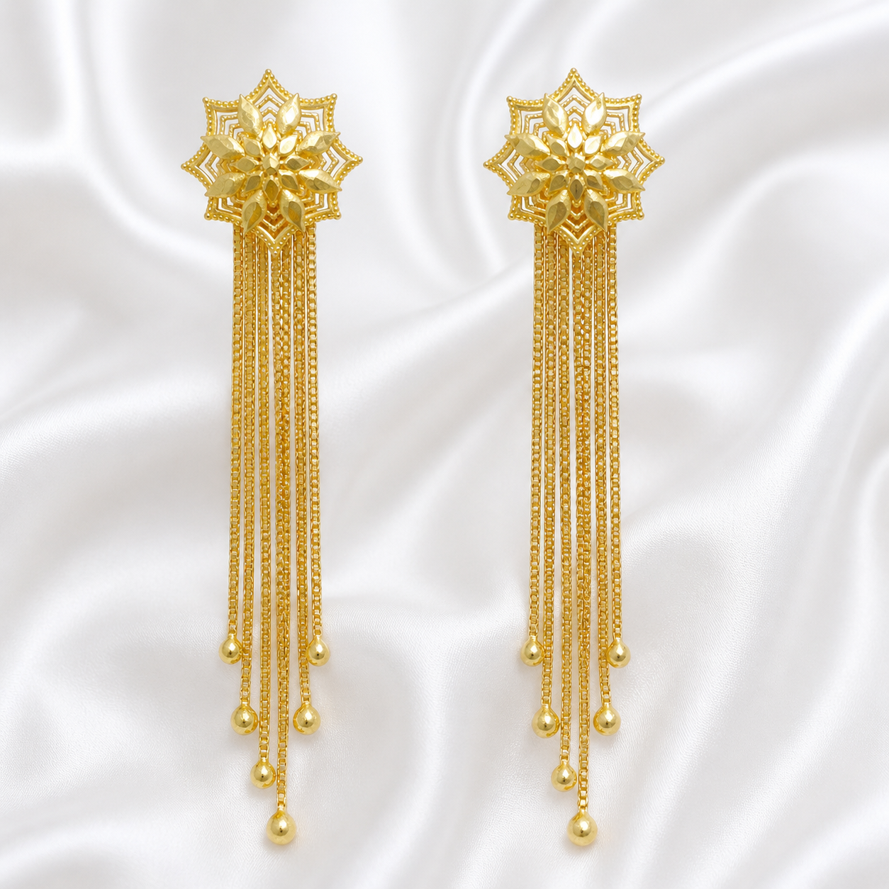 Floral Starburst Long Chain Tassel Earrings – Handmade Gold-Plated Pair