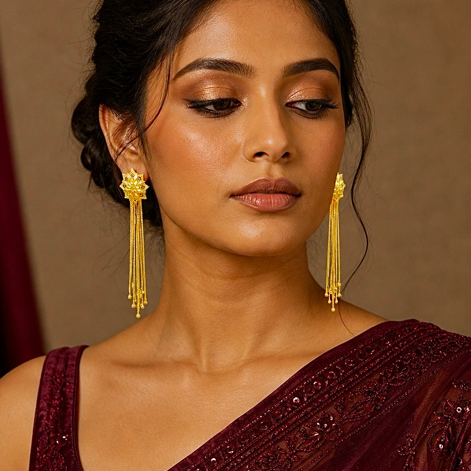 Floral Starburst Long Chain Tassel Earrings – Handmade Gold-Plated Pair
